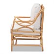 Maklaine White Fabric Upholstered and Natural Brown Rattan Armchair
