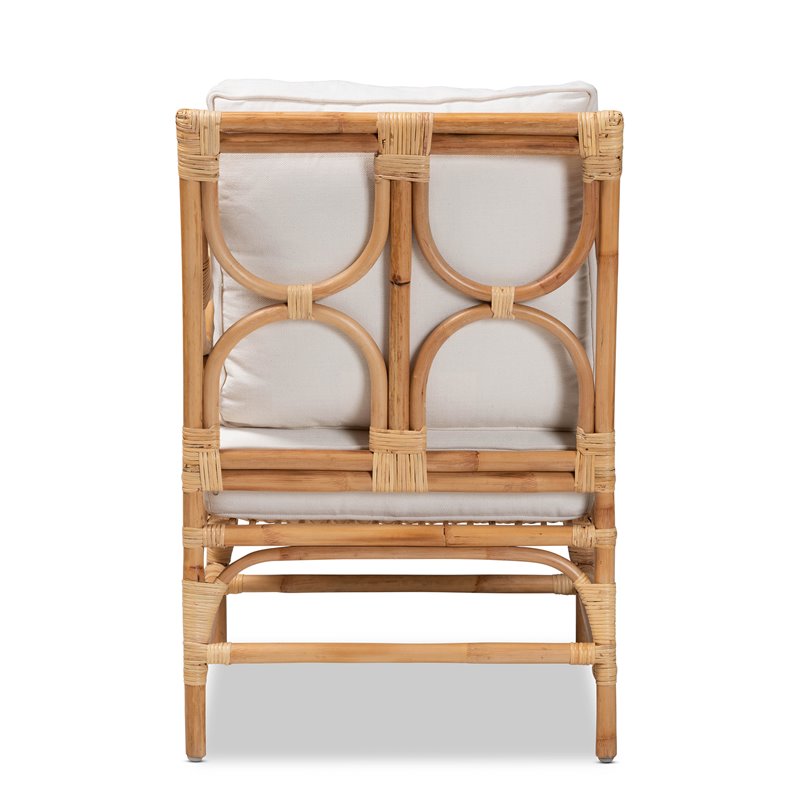 Maklaine White Fabric Upholstered and Natural Brown Rattan Armchair