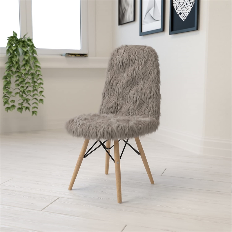 Maklaine Shaggy Dog Faux Fur Accent Chair in Charcoal Gray and Natural