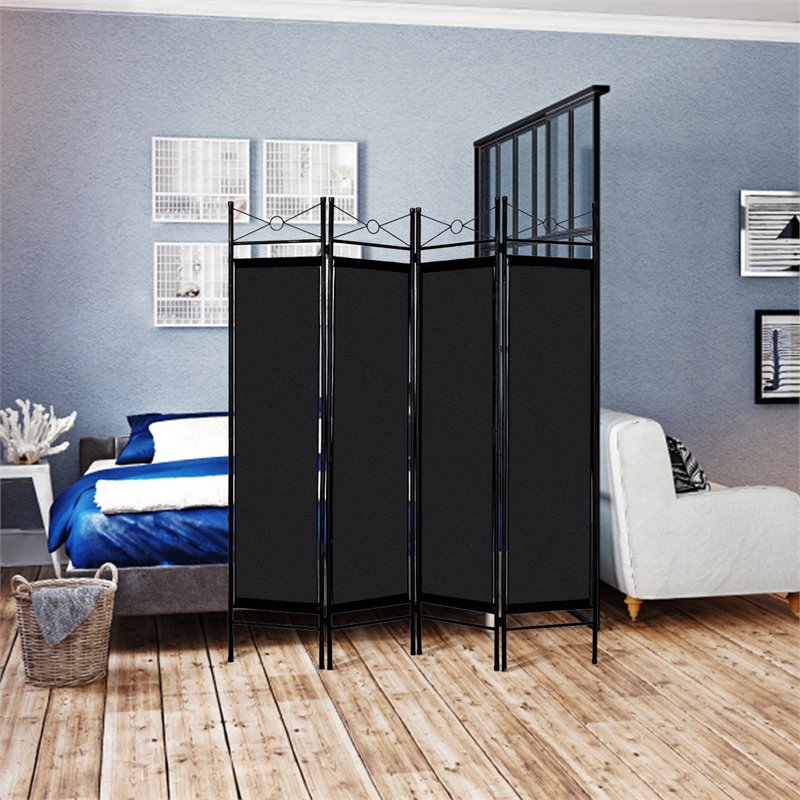 Maklaine 4 Panel Fabric and Metal Room Divider Privacy Screen in Black