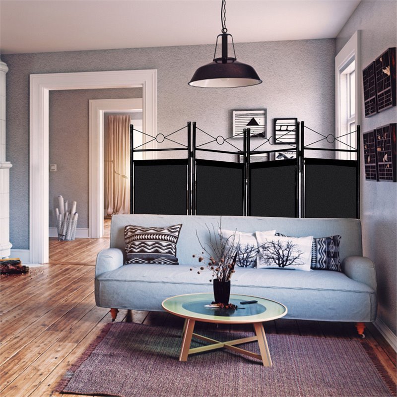 Maklaine 4 Panel Fabric and Metal Room Divider Privacy Screen in Black