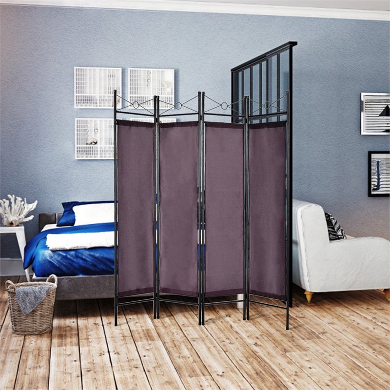 Maklaine 4 Panel Fabric and Metal Room Divider Privacy Screen in Brown