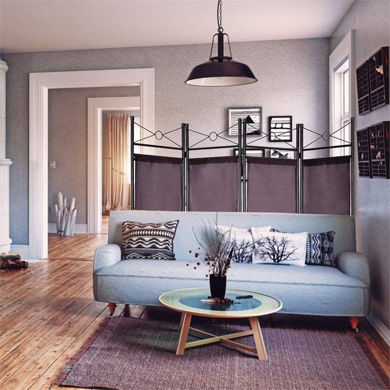 Maklaine 4 Panel Fabric and Metal Room Divider Privacy Screen in Brown