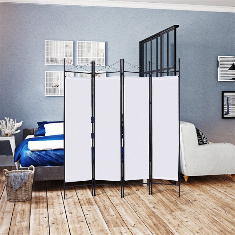 Maklaine 4 Panel Fabric and Metal Room Divider Privacy Screen in White
