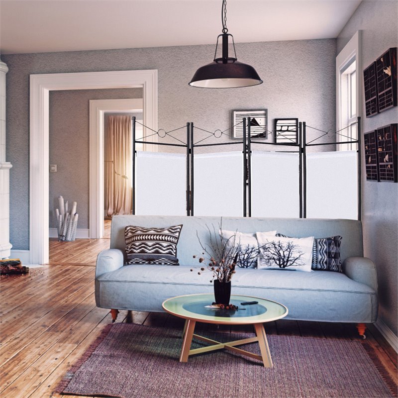 Maklaine 4 Panel Fabric and Metal Room Divider Privacy Screen in White