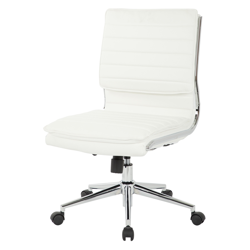 Maklaine Armless Mid Back Manager's Faux Leather Chair in White with Chrome Base