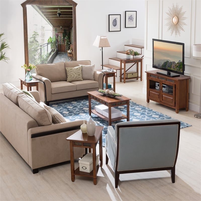 Maklaine Rustic Slate Wood Recliner Wedge End Table in Rustic Oak