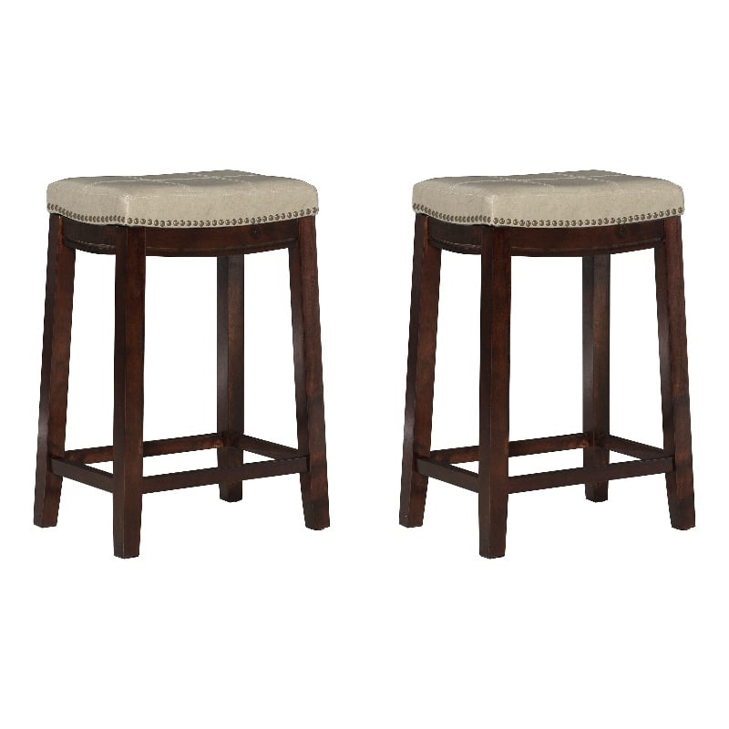 Maklaine Wood Set of 2 Counter Stools Beige Faux Leather Seats in Dk Brown