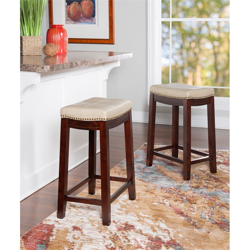 Maklaine Wood Set of 2 Counter Stools Beige Faux Leather Seats in Dk Brown