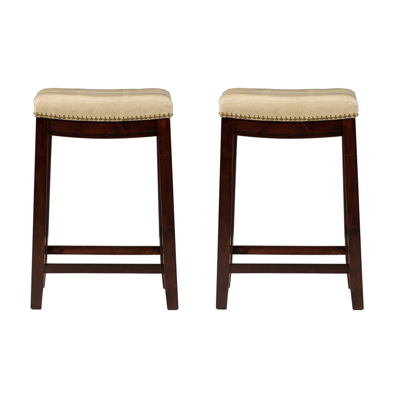 Maklaine Wood Set of 2 Counter Stools Beige Faux Leather Seats in Dk Brown