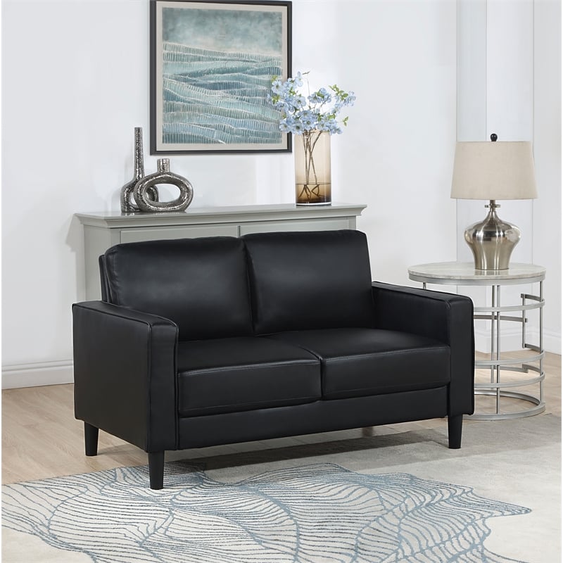 Maklaine Faux Leather Upholstered Track Arm Faux Leather Loveseat Black