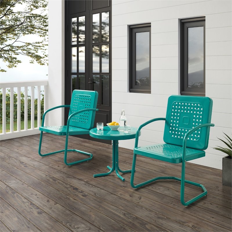 Maklaine Contemporary 3 Piece Metal Outdoor Chair Set in Turquoise Gloss