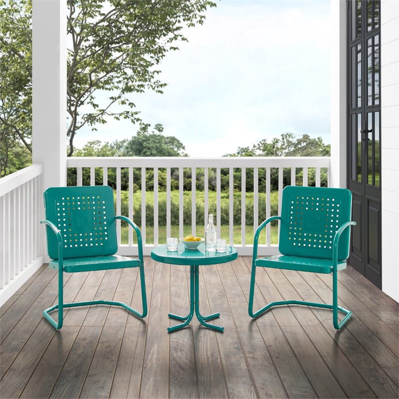 Maklaine Contemporary 3 Piece Metal Outdoor Chair Set in Turquoise Gloss