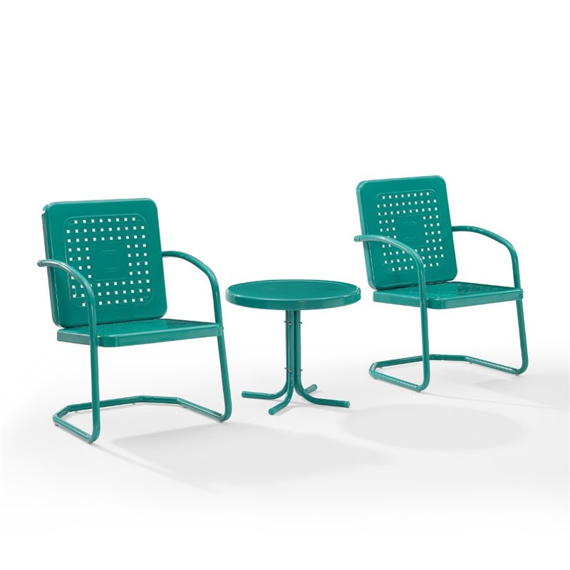 Maklaine Contemporary 3 Piece Metal Outdoor Chair Set in Turquoise Gloss