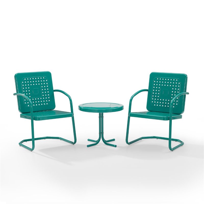 Maklaine Contemporary 3 Piece Metal Outdoor Chair Set in Turquoise Gloss