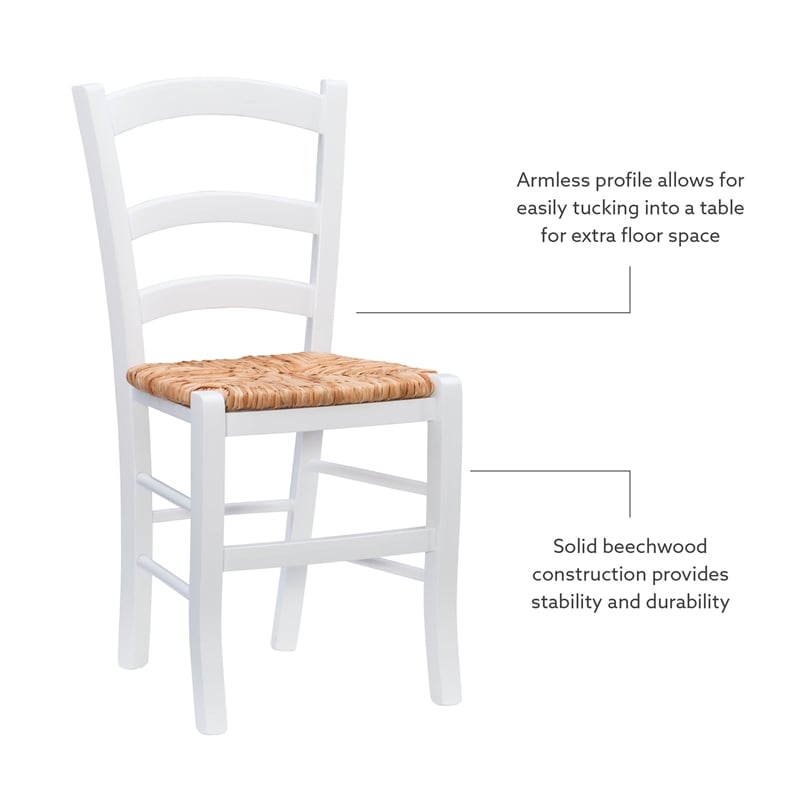 Maklaine Set of Two Wood Side Chairs Ladder Back Rush Seat in White Finish