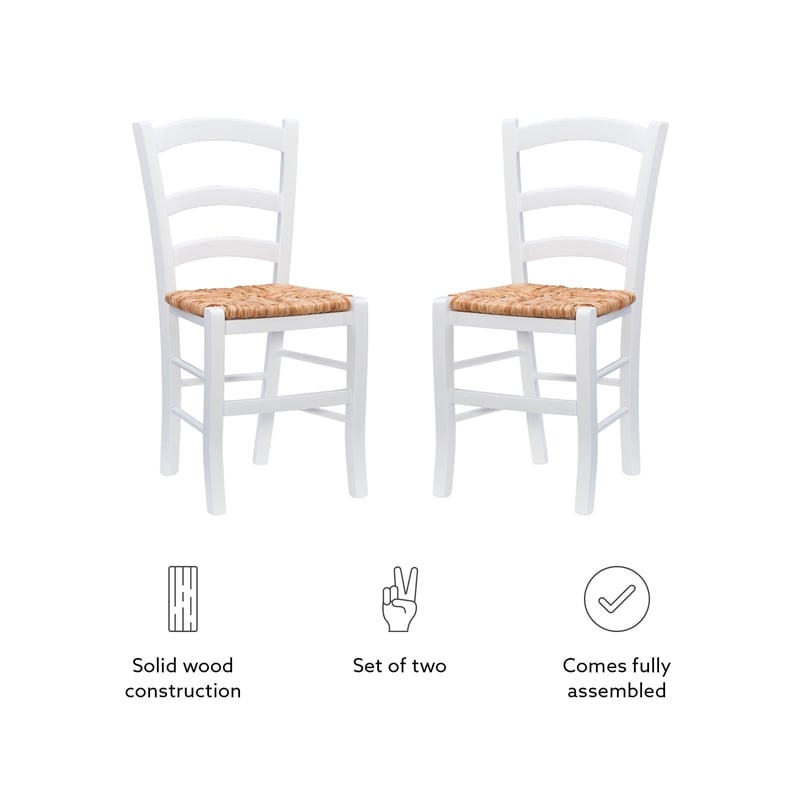 Maklaine Set of Two Wood Side Chairs Ladder Back Rush Seat in White Finish