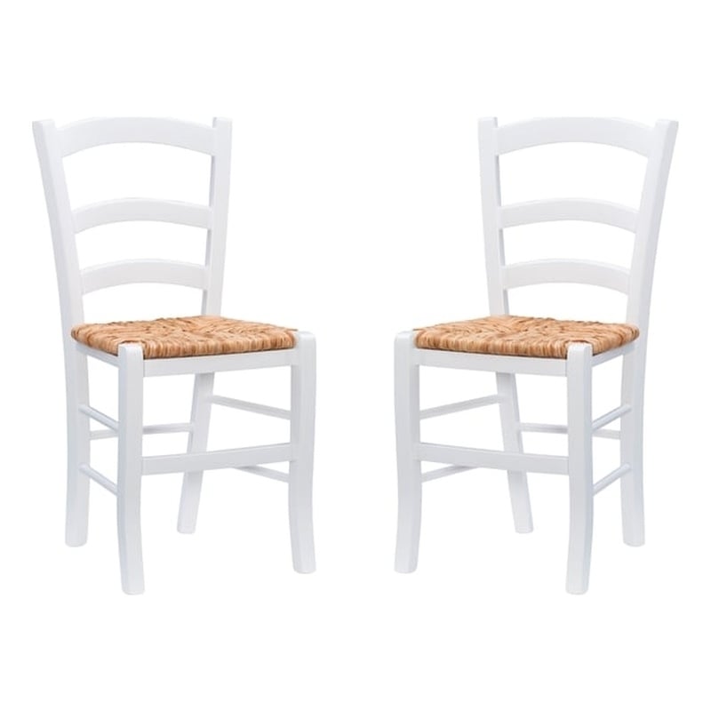 Maklaine Set of Two Wood Side Chairs Ladder Back Rush Seat in White Finish