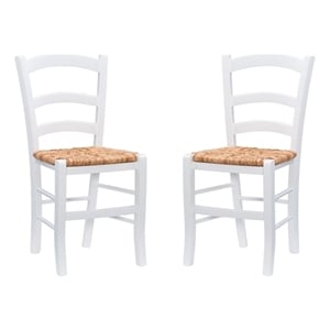 Maklaine Set of Two Wood Side Chairs Ladder Back Rush Seat in White Finish