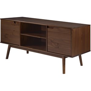 Maklaine 58&quot 2-Door Solid Pine Wood TV Console with Cutout Handles in Walnut