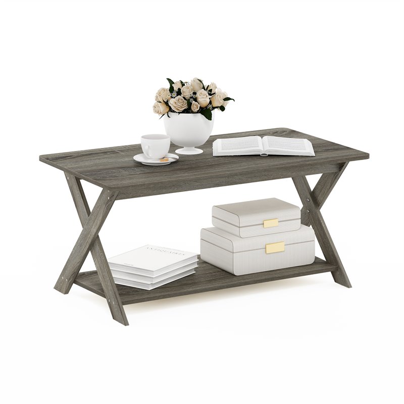 Maklaine Wood Simplistic Criss-Crossed Coffee Table in French Oak Gray