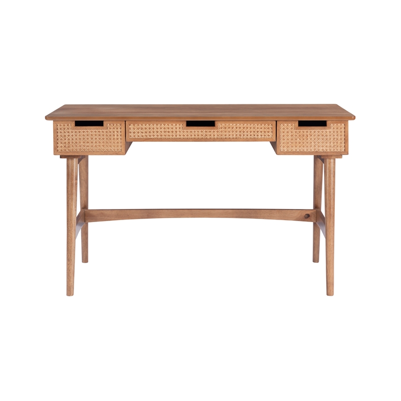 Maklaine Desk 3 Drawers with Woven Rattan Panels in Natural Wood