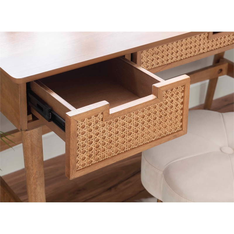 Maklaine Desk 3 Drawers with Woven Rattan Panels in Natural Wood