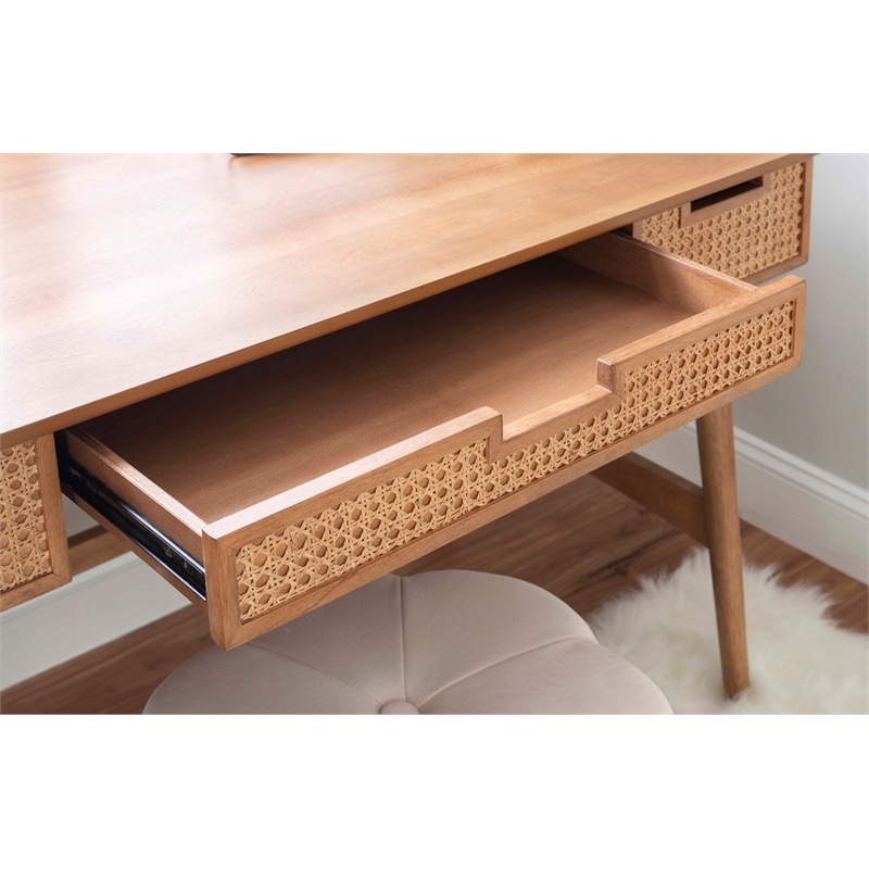 Maklaine Desk 3 Drawers with Woven Rattan Panels in Natural Wood