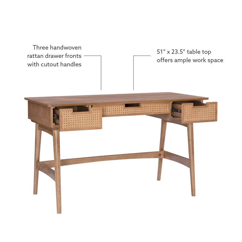 Maklaine Desk 3 Drawers with Woven Rattan Panels in Natural Wood