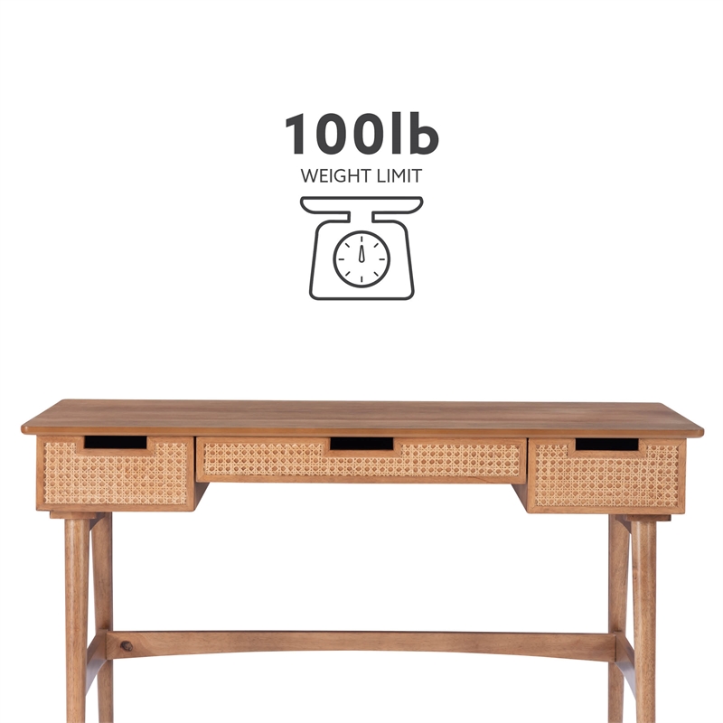 Maklaine Desk 3 Drawers with Woven Rattan Panels in Natural Wood