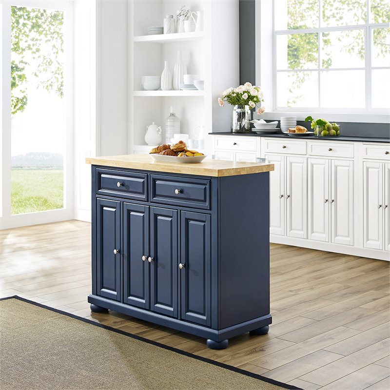 Maklaine Contemporary Wood Top Kitchen Island in Navy/Natural