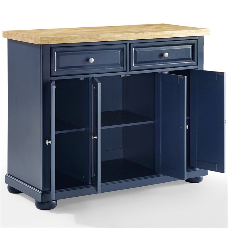 Maklaine Contemporary Wood Top Kitchen Island in Navy/Natural