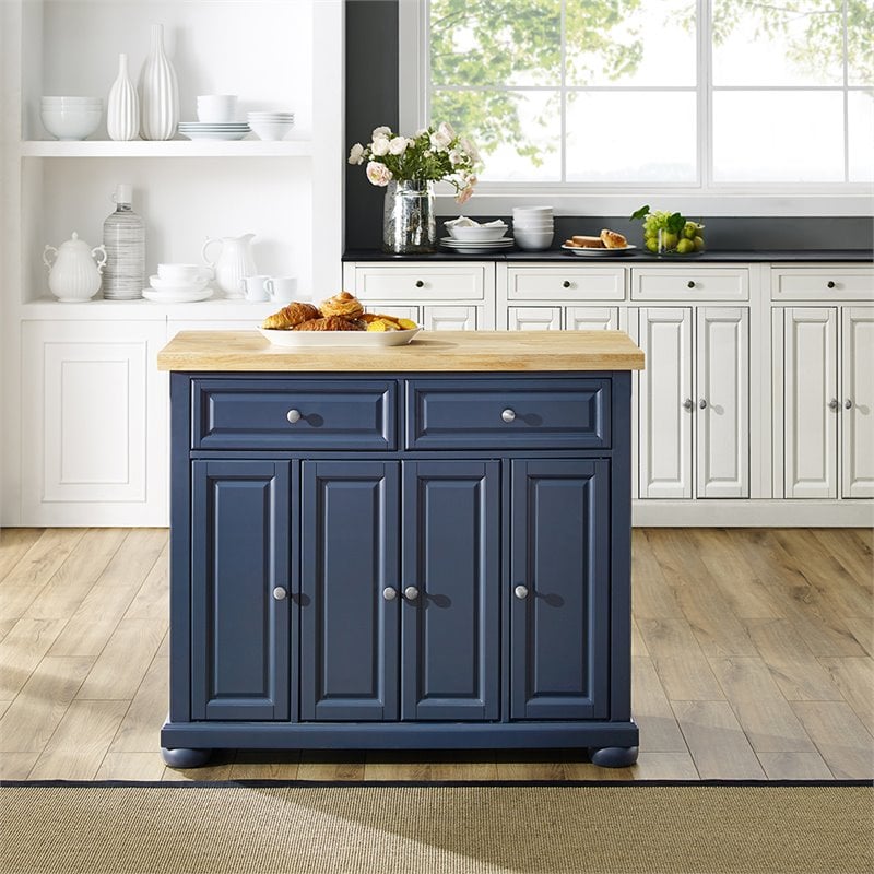 Maklaine Contemporary Wood Top Kitchen Island in Navy/Natural