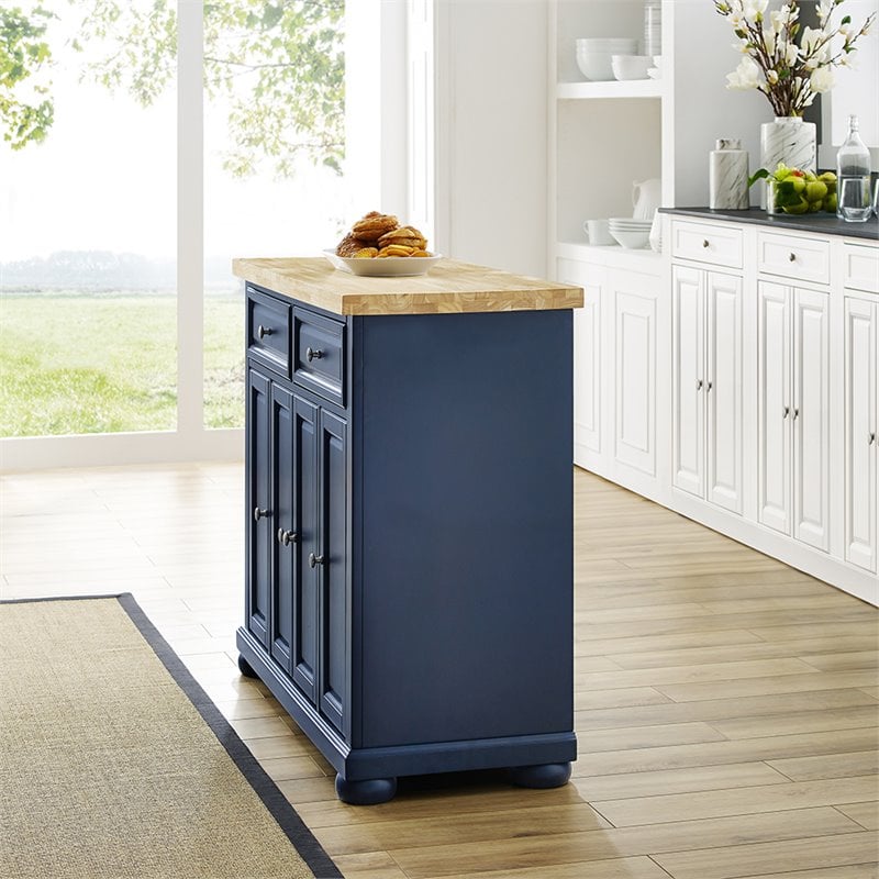 Maklaine Contemporary Wood Top Kitchen Island in Navy/Natural
