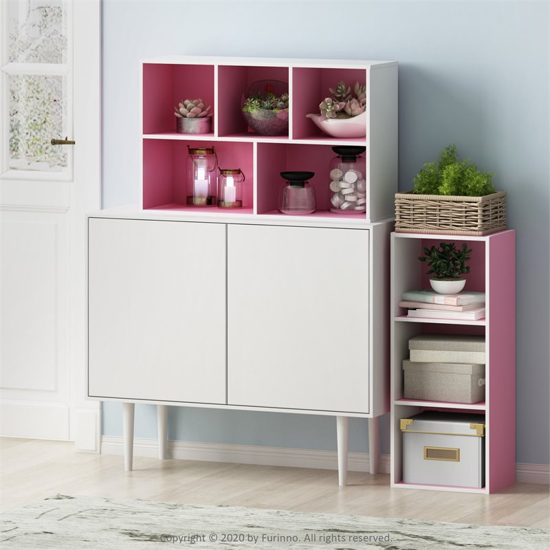 Maklaine Engineered Wood 5-Cube Reversible Open Shelf in White/Pink