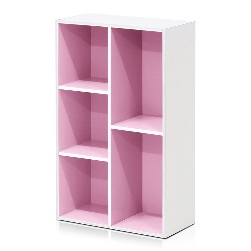 Maklaine Engineered Wood 5-Cube Reversible Open Shelf in White/Pink