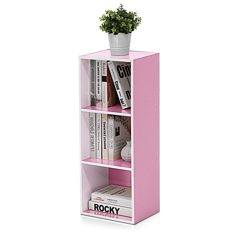 Maklaine Engineered Wood 3-Tier Open Shelf Bookcase in White/Pink