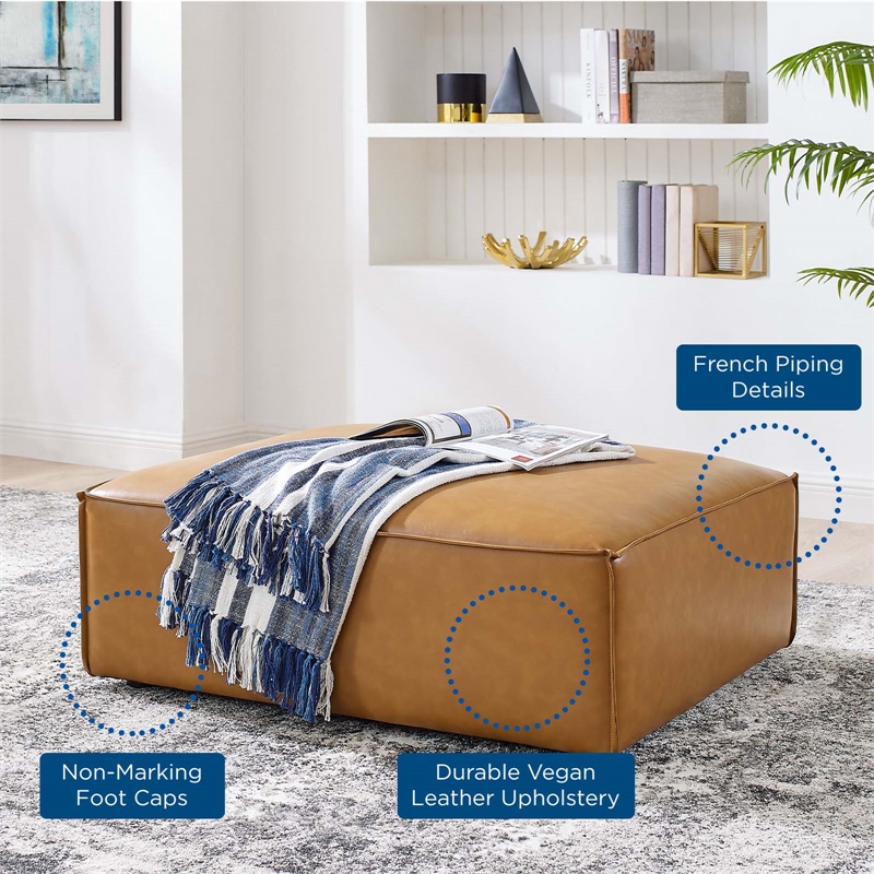 Maklaine Contemporary Upholstered Faux Leather Ottoman in Tan