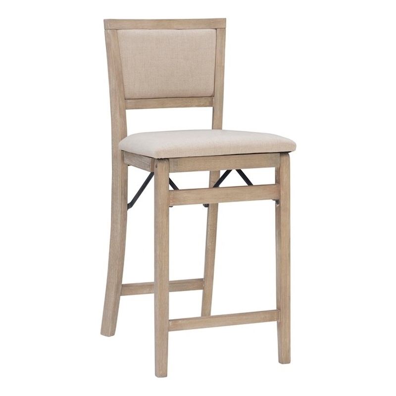 Maklaine Folding Counter Stool Fabric Padded Back & Seat in Graywash Wood