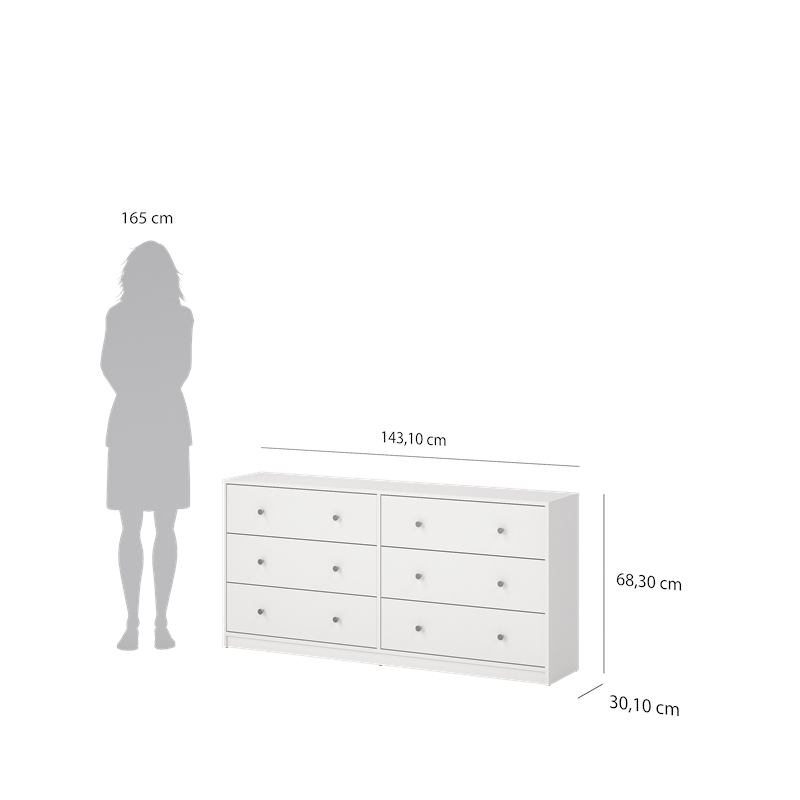 Maklaine Engineered Wood Contemporary 6 Drawer Double Dresser in White