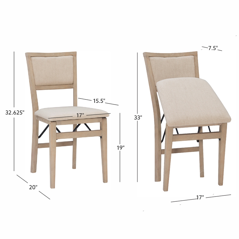 Maklaine Set of Two Folding Chairs Beige Fabric Seat & Back in Graywash Wood