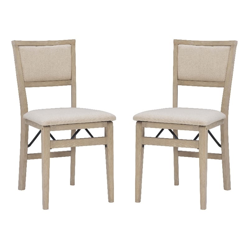 Maklaine Set of Two Folding Chairs Beige Fabric Seat & Back in Graywash Wood