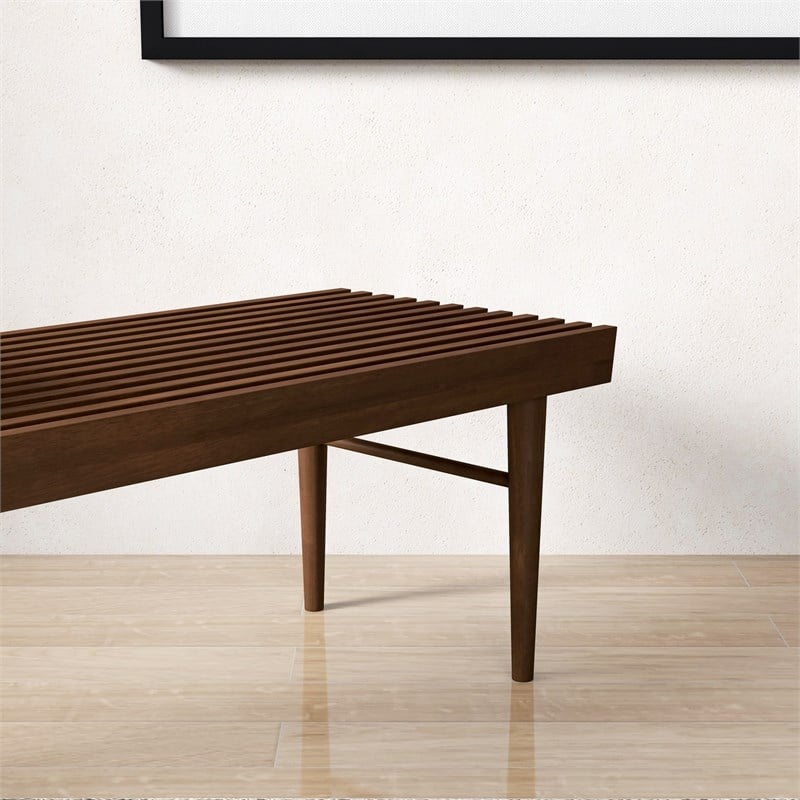 Maklaine Mid-Century Modern Rectangular Solid Wood Bench in Brown