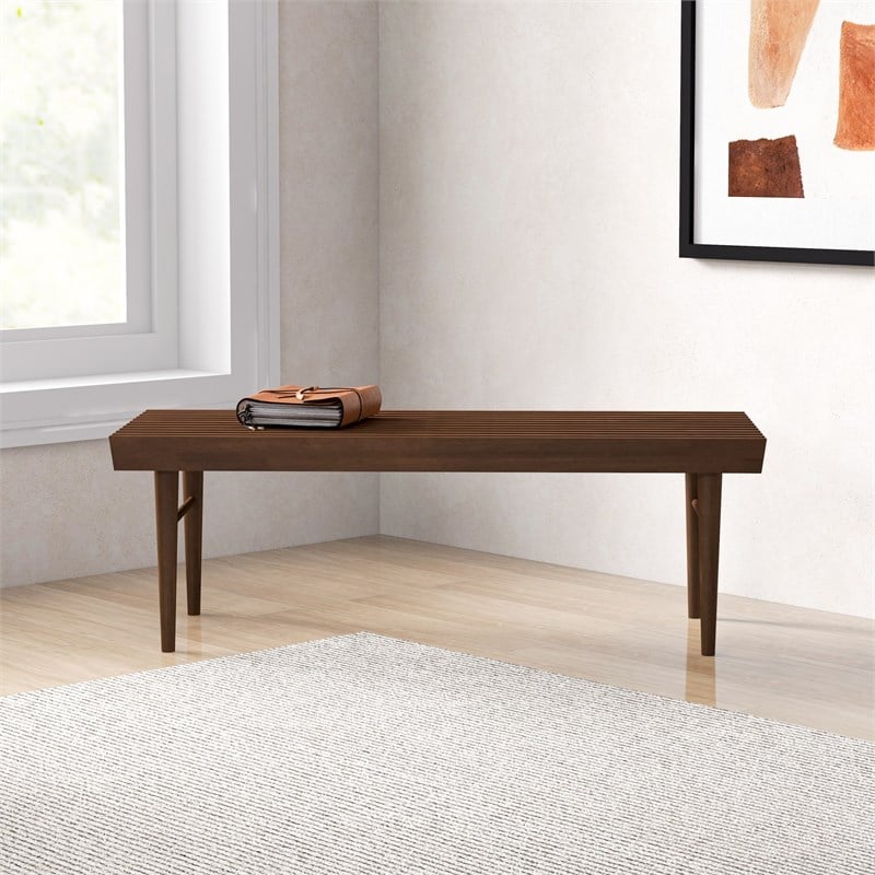 Maklaine Mid-Century Modern Rectangular Solid Wood Bench in Brown