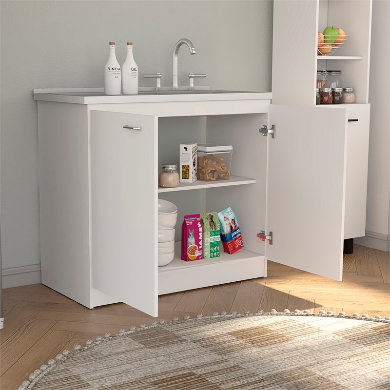Maklaine White Modern Engineered Wood Napoles Utility Sink with Cabinet