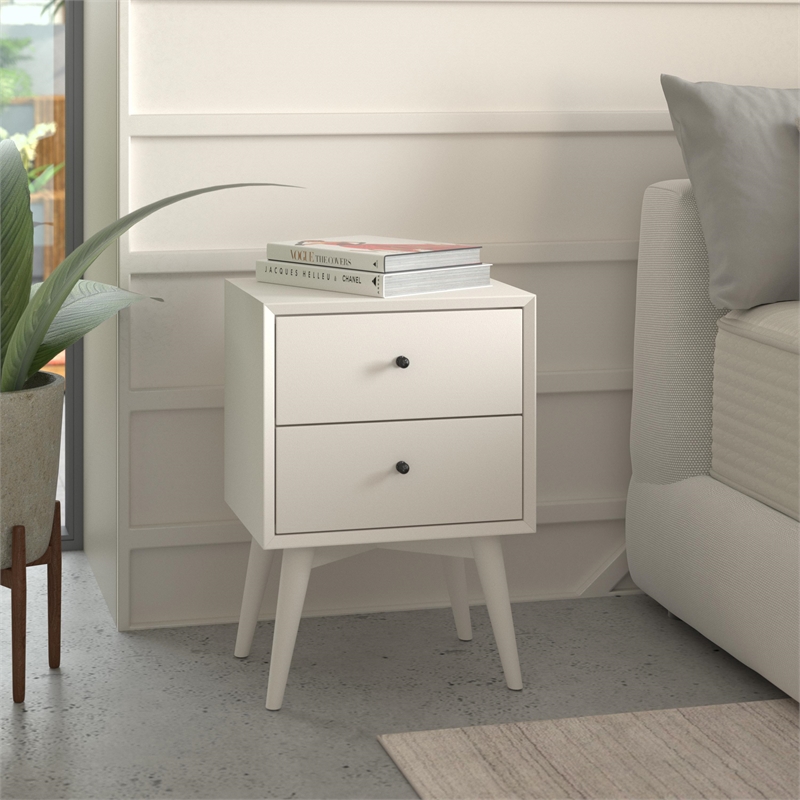 Maklaine Mid-Century Modern Wood 2 Drawer Nightstand in White