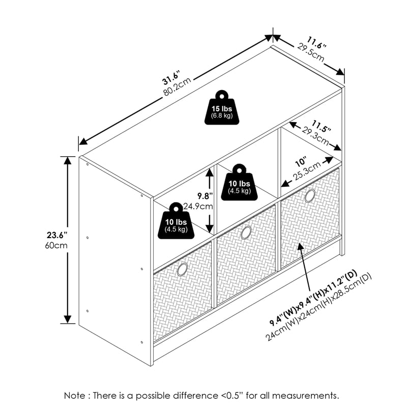 Maklaine Engineered Wood 3x2 Bookcase Storage w/Bins in White/Black