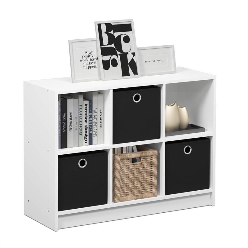 Maklaine Engineered Wood 3x2 Bookcase Storage w/Bins in White/Black
