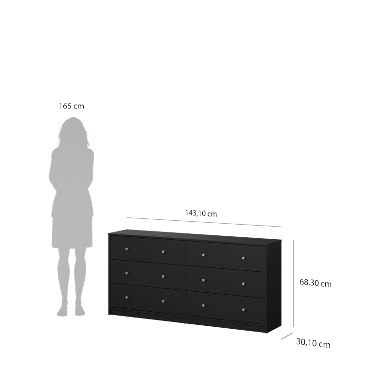Maklaine Engineered Wood Contemporary 6 Drawer Double Dresser in Black