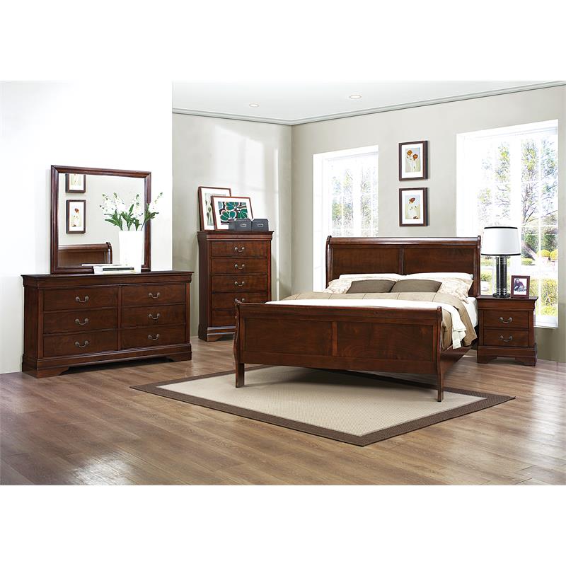 Maklaine Modern Traditional Wood Queen Sleigh Bed in Brown Cherry